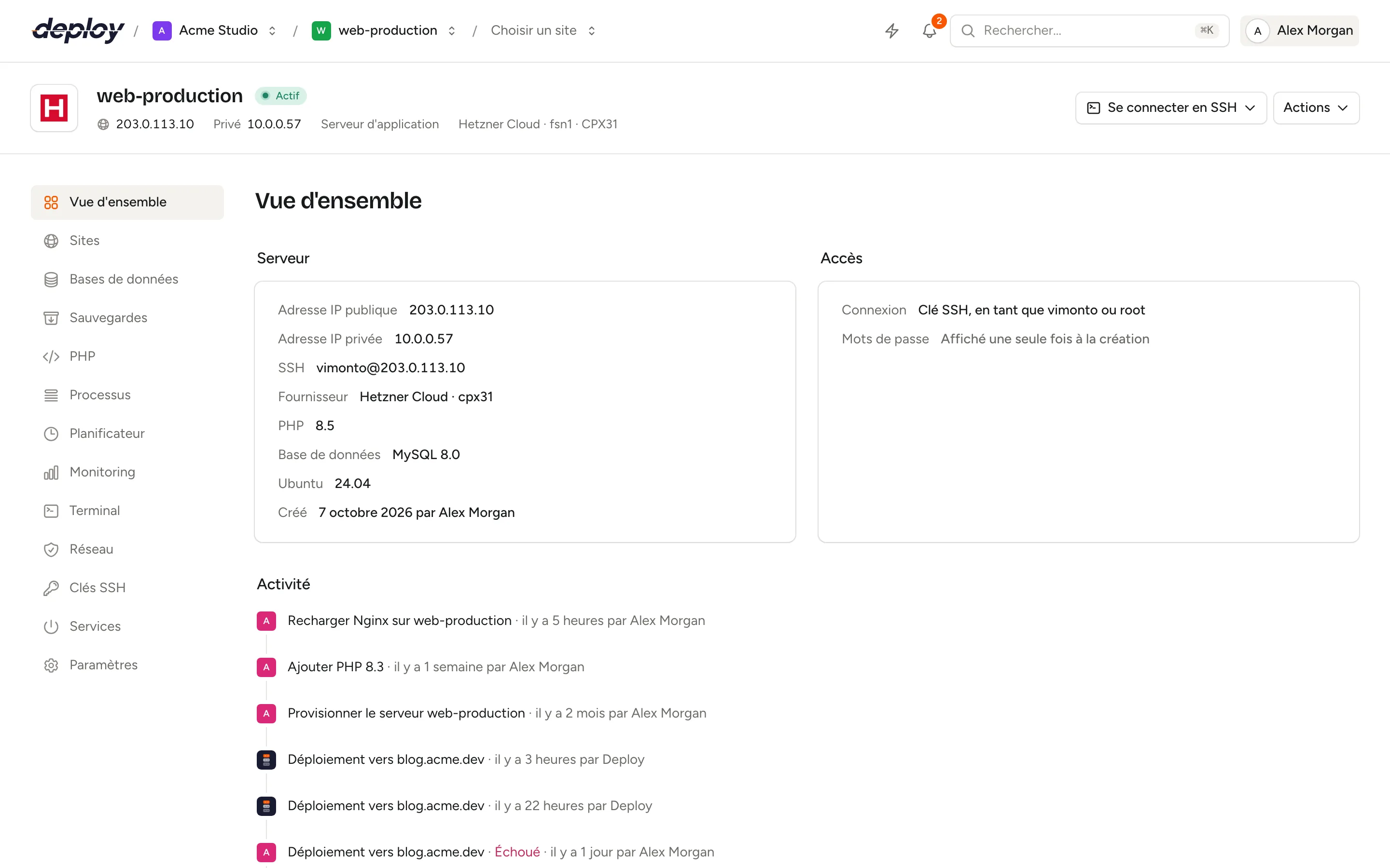 La vue d'ensemble d'un serveur avec ses sites, son statut et sa charge