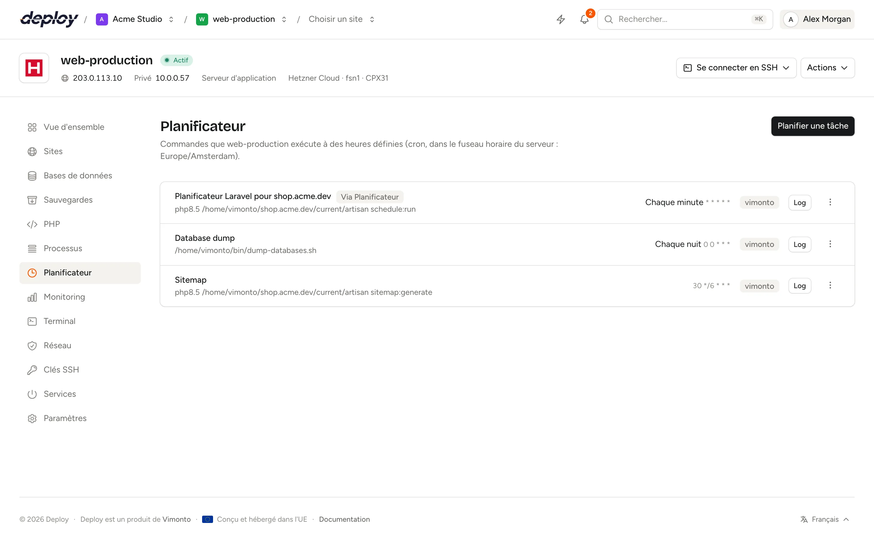 La page Planificateur avec les tâches par défaut et une tâche du planificateur Laravel chaque minute