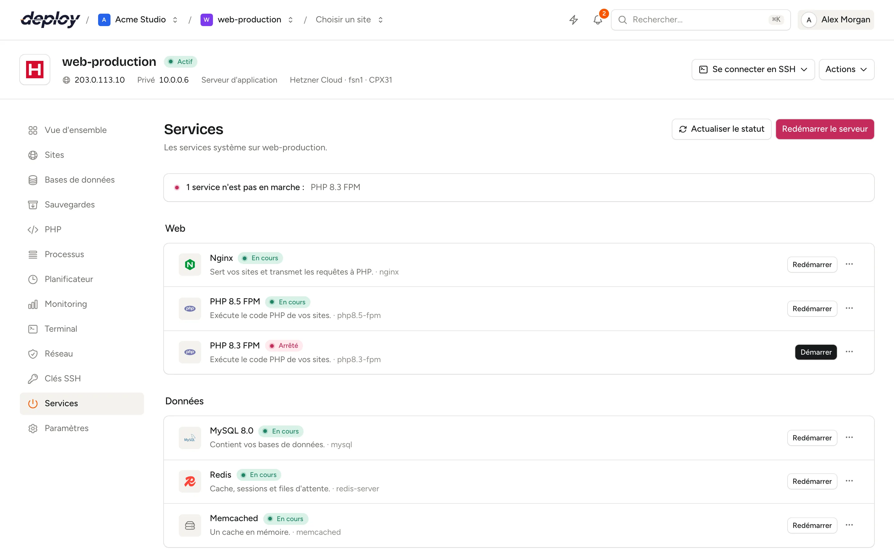 La page Services d'un serveur avec une ligne de résumé indiquant que tous les services sont en marche, puis Nginx, PHP-FPM, MySQL, Redis et d'autres services regroupés sous Web, Données et Système, chacun avec le statut En cours, un bouton Redémarrer et un menu