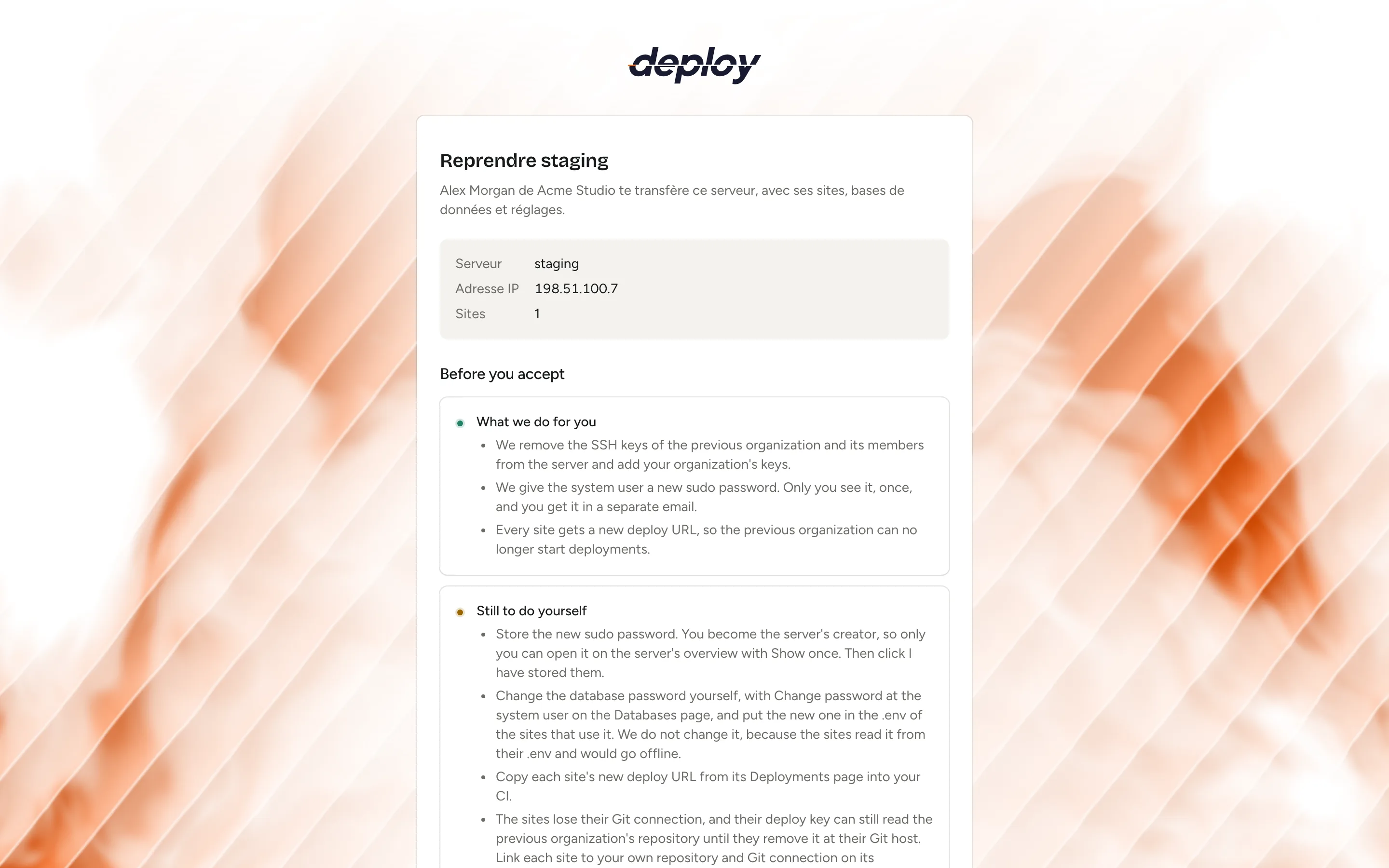 La page sur laquelle le nouveau propriétaire accepte un transfert de serveur, avec le serveur, son adresse IP, le nombre de sites et l'organisation de destination