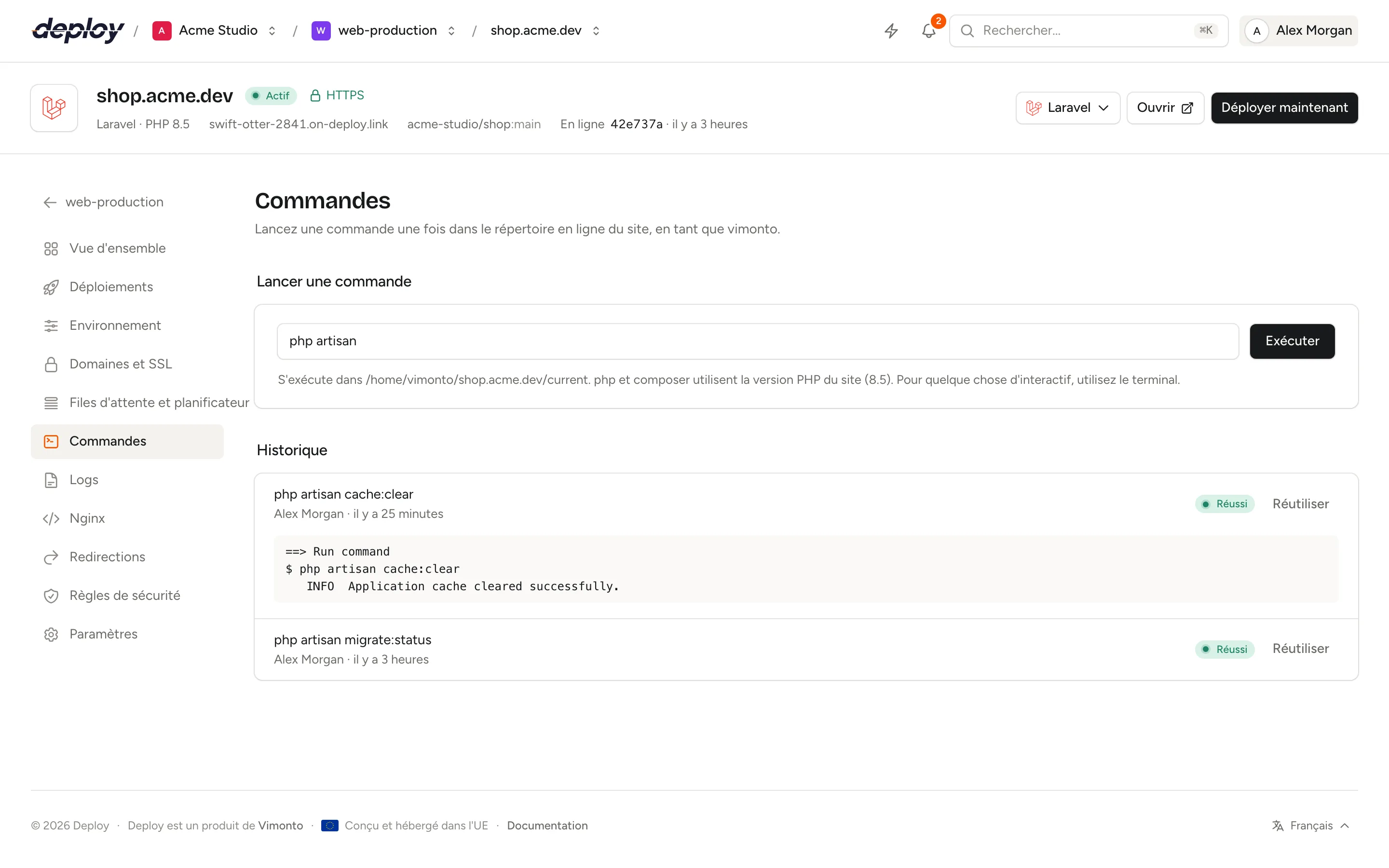La page Commandes d'un site avec un champ de saisie et l'historique des commandes précédentes avec leur statut