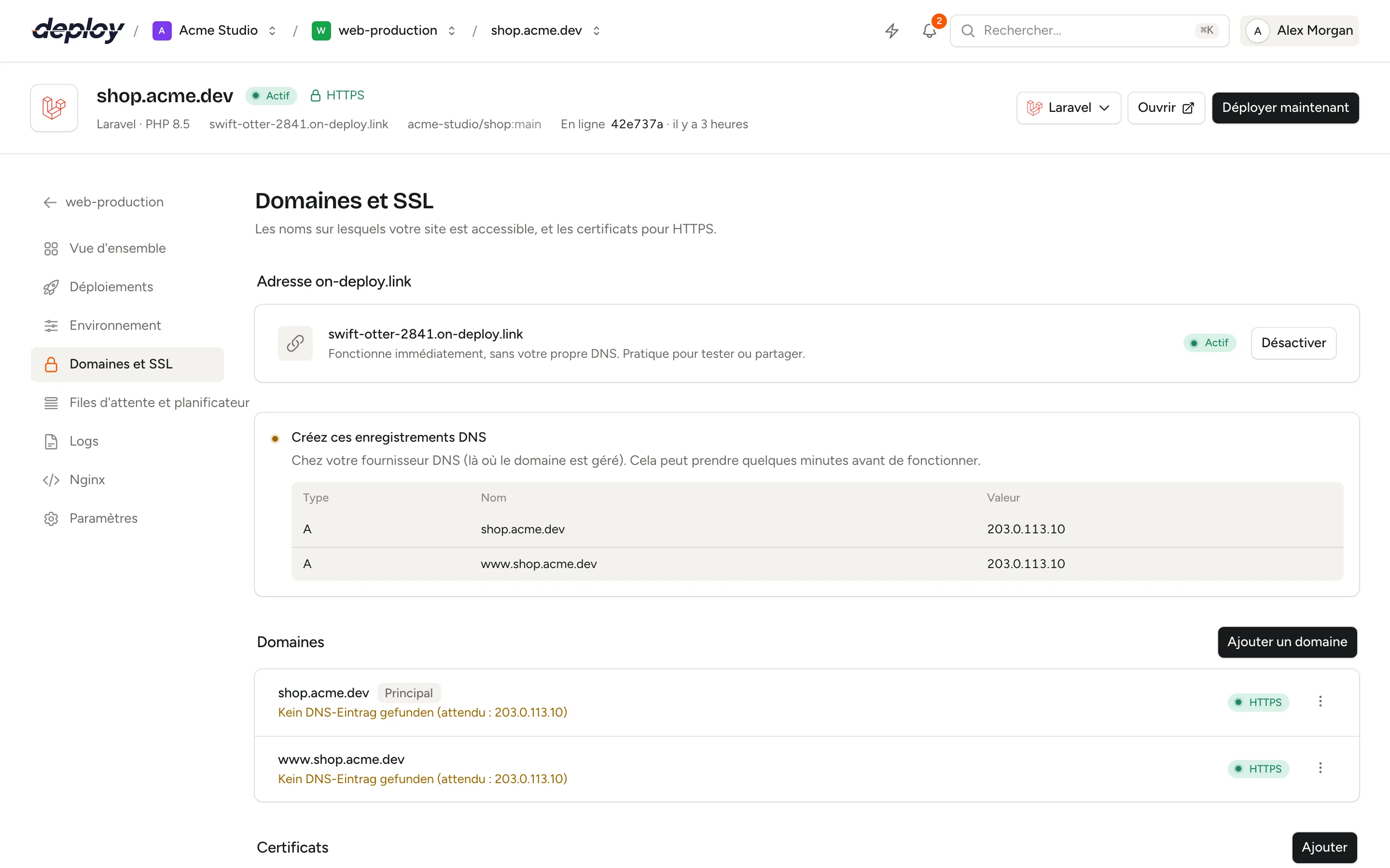 La page Domaines et SSL avec l'adresse générée, les domaines du site et ses certificats