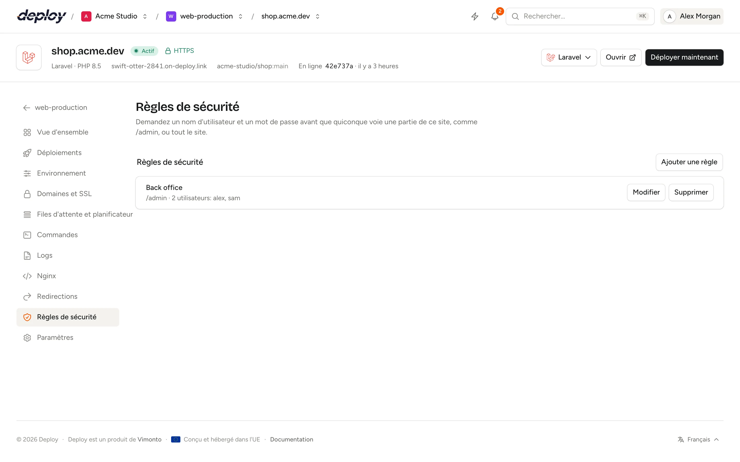 La page Règles de sécurité d'un site avec une règle pour /admin et ses utilisateurs