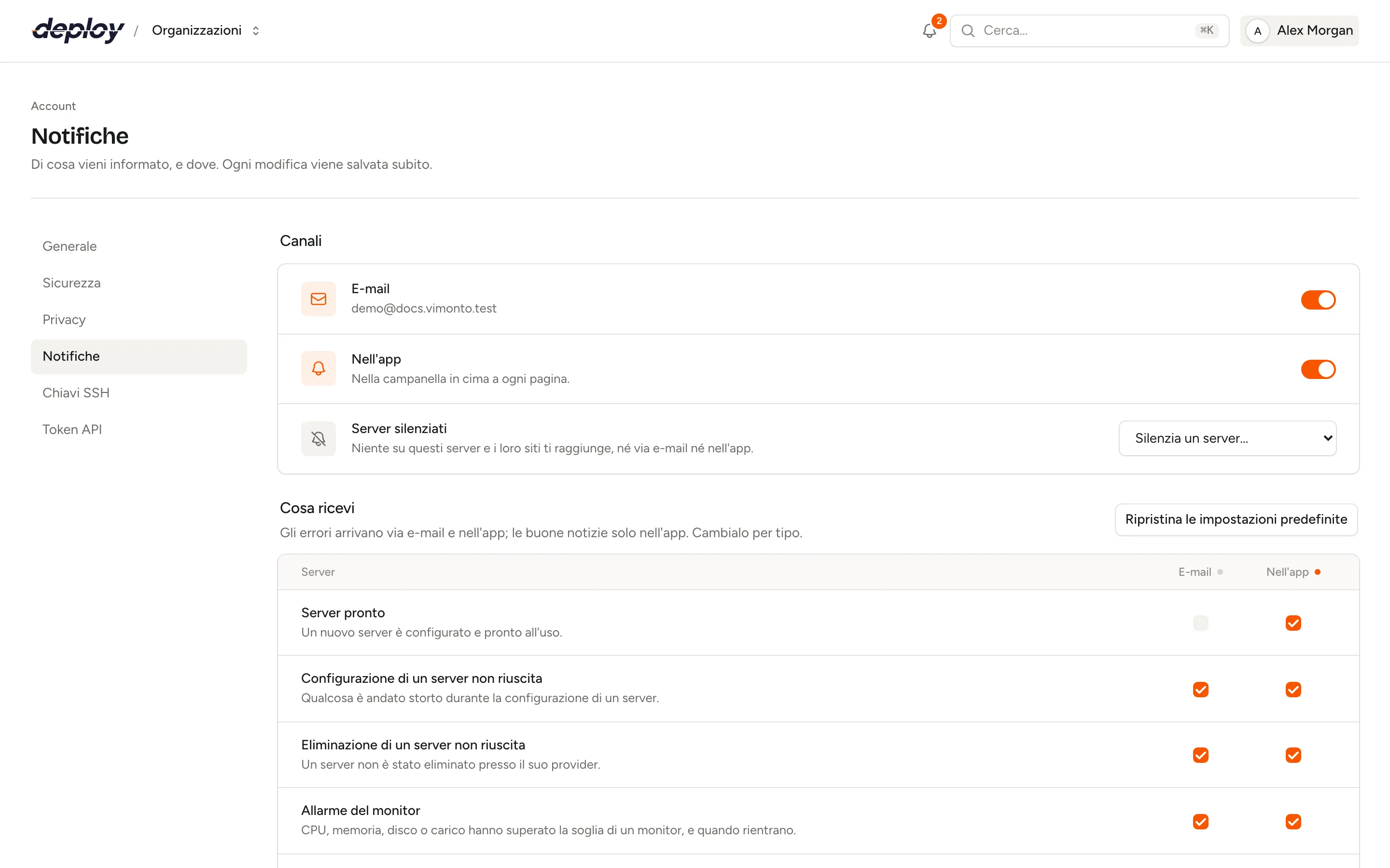 Le impostazioni delle notifiche con i canali email e nell'app, i server silenziati e un interruttore per ogni tipo di notifica
