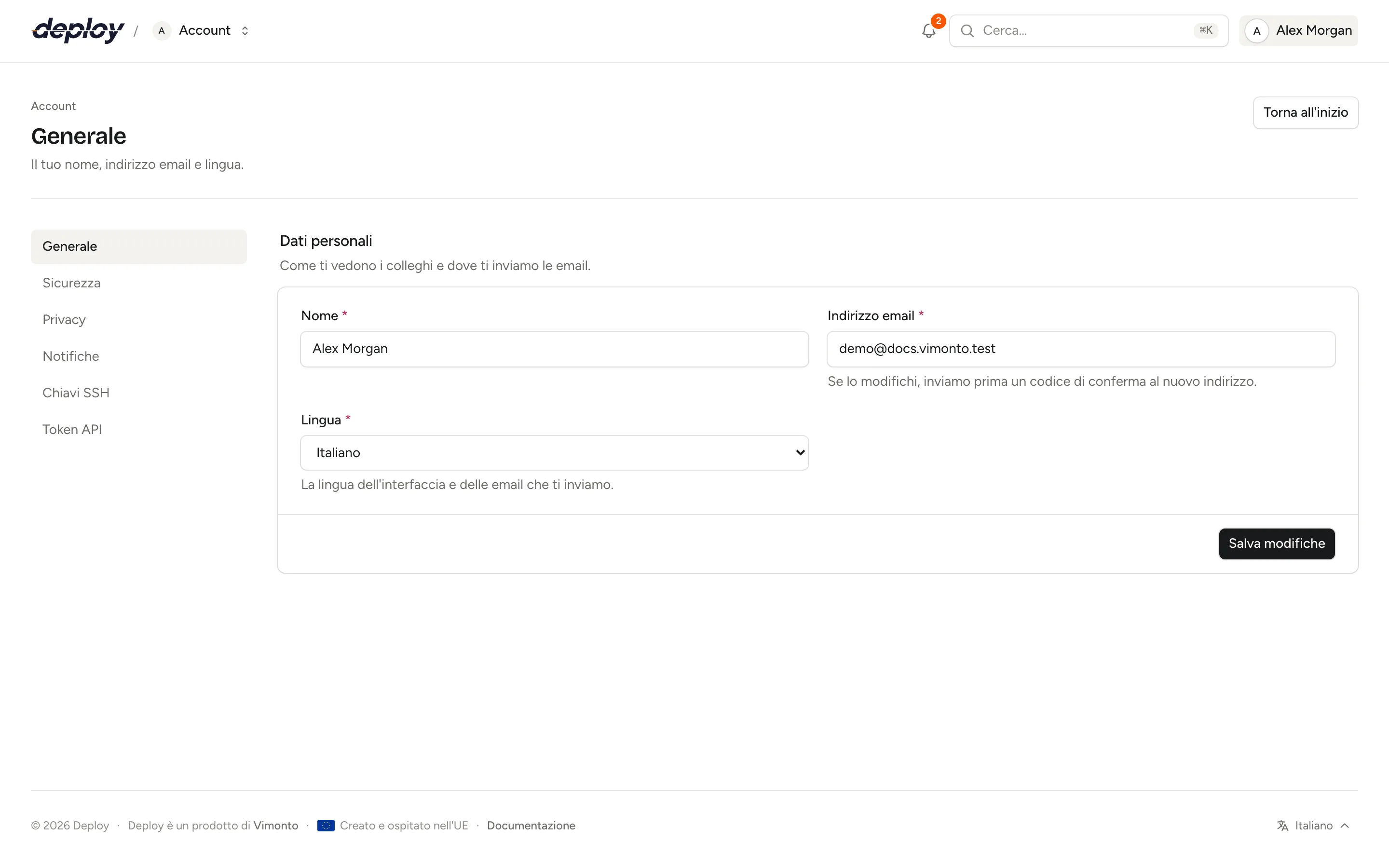 Le impostazioni account con i dati personali, l'indirizzo email e la lingua