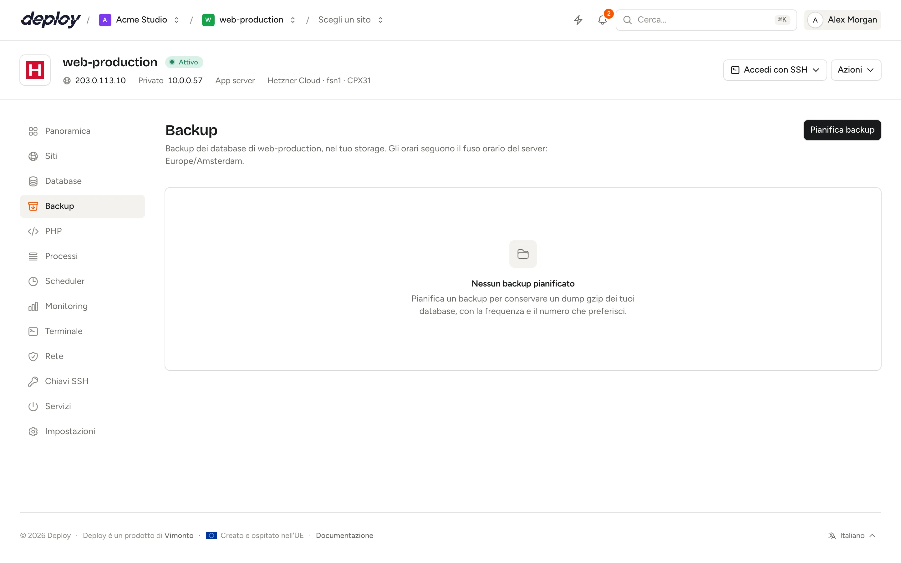 La pagina Backup con una pianificazione notturna e un elenco di backup riusciti