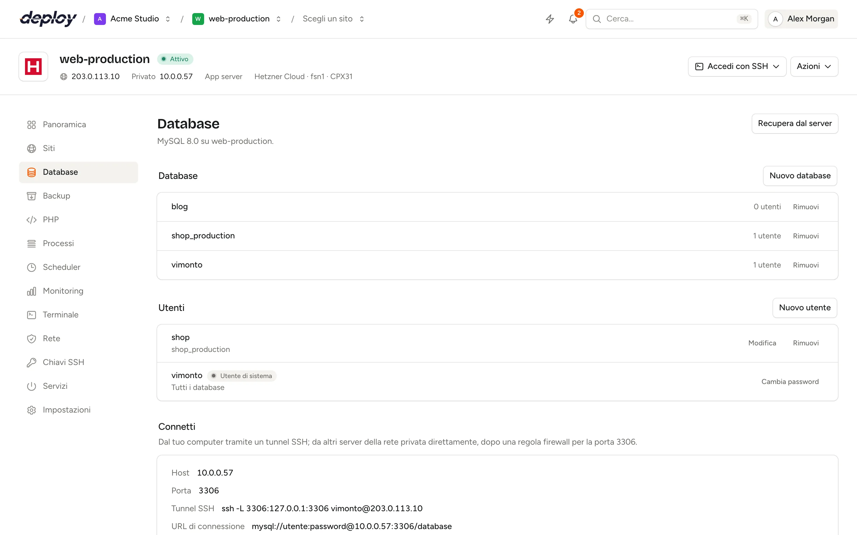 La pagina Database con un elenco di database, i loro utenti e i dati di connessione