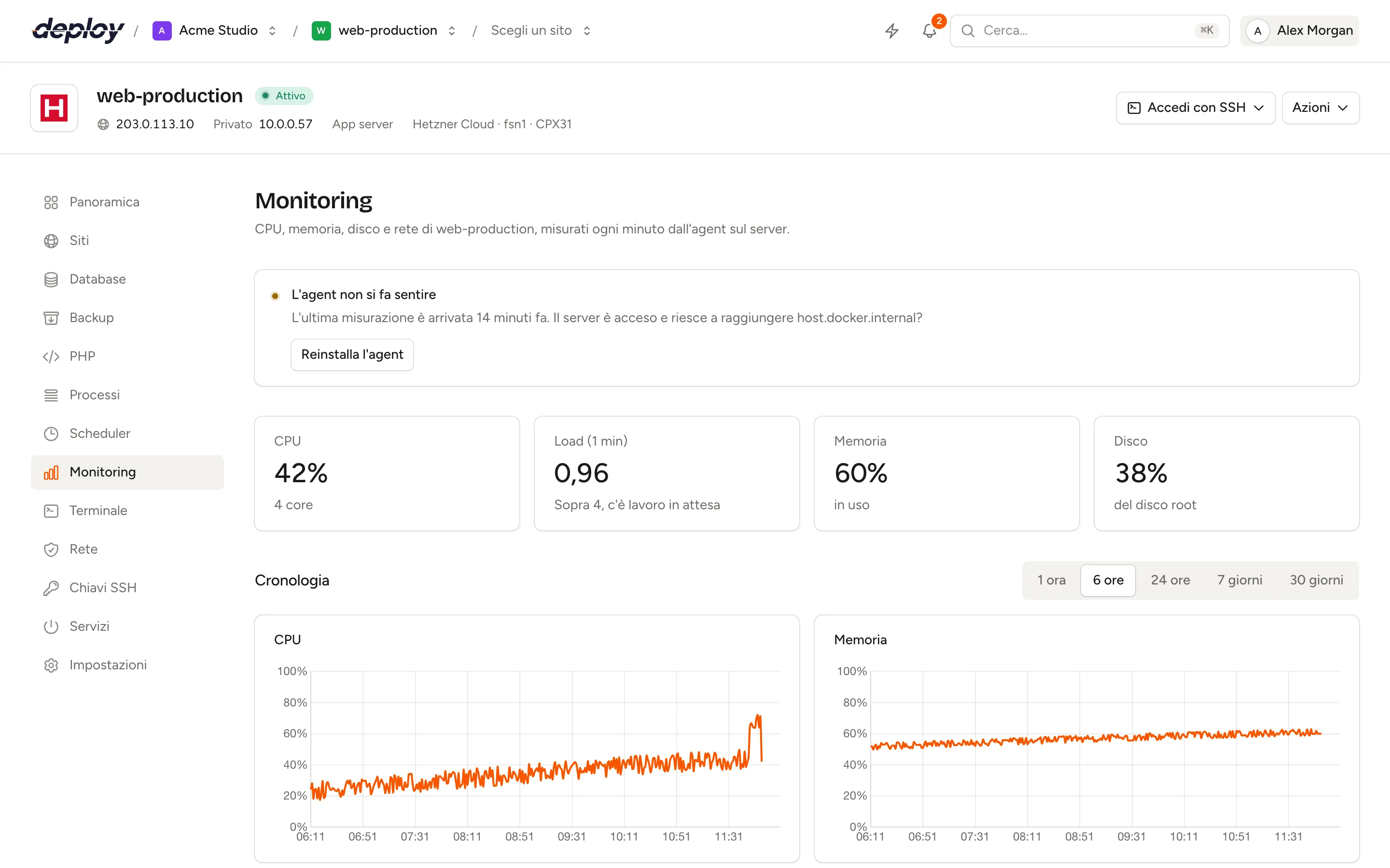 La pagina Monitoring di un server con i valori di CPU, load, memoria e disco, i grafici della cronologia, un elenco di monitor e un heartbeat con il suo URL di ping
