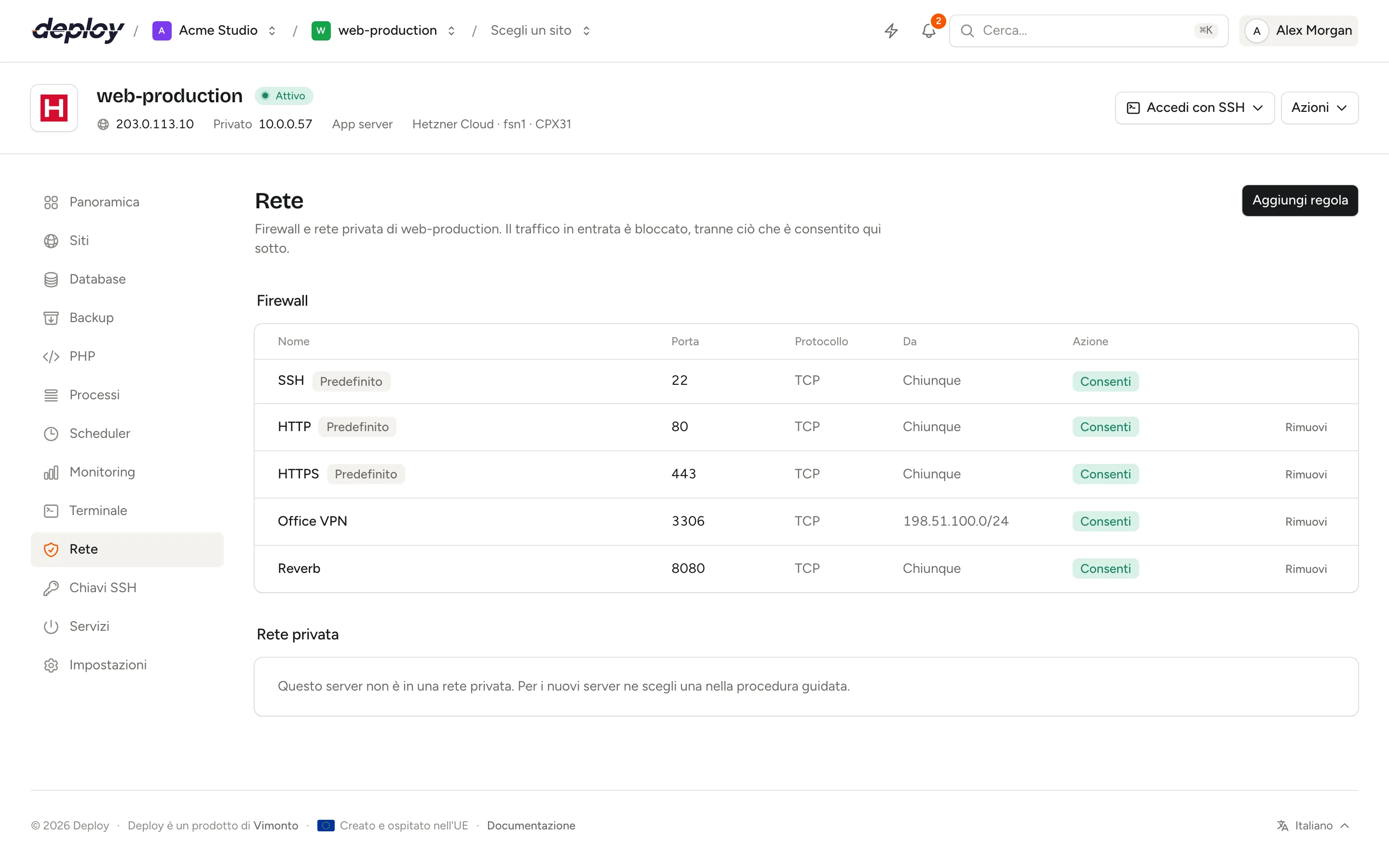 La pagina Rete con le regole predefinite SSH, HTTP e HTTPS e una regola MySQL per la rete privata