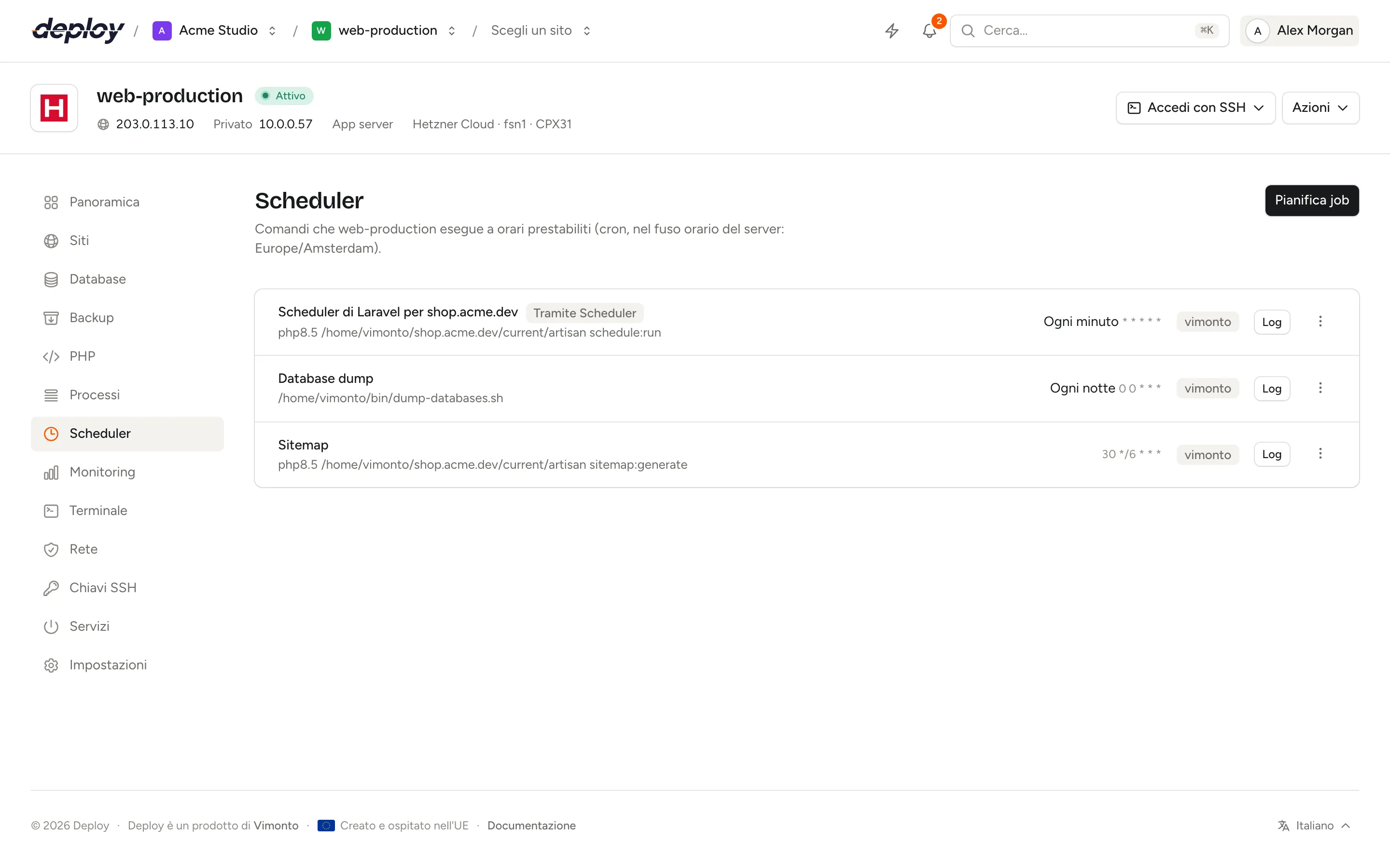 La pagina Scheduler con i job predefiniti e un job dello scheduler di Laravel ogni minuto
