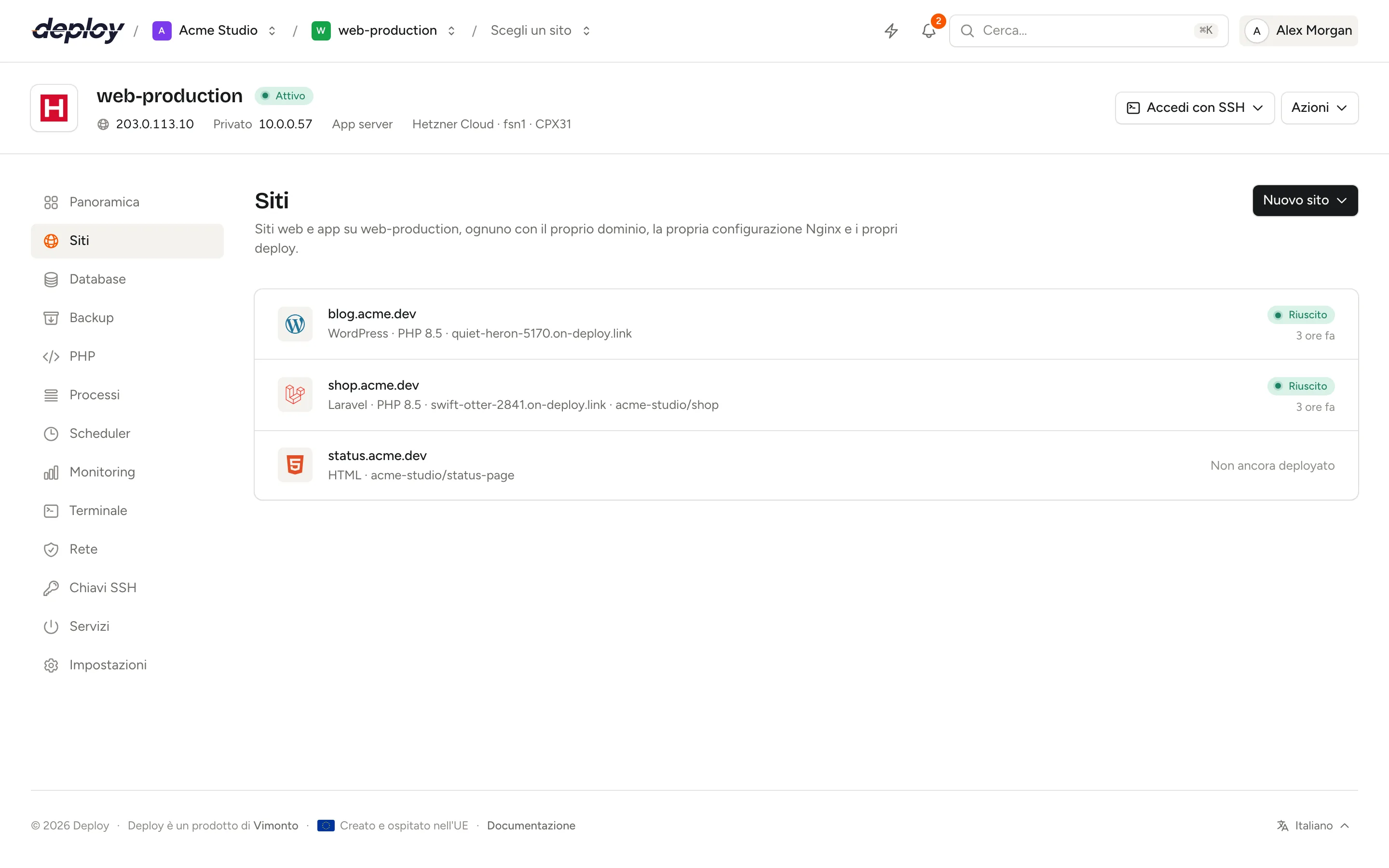I siti di un server con i loro domini e gli ultimi deploy
