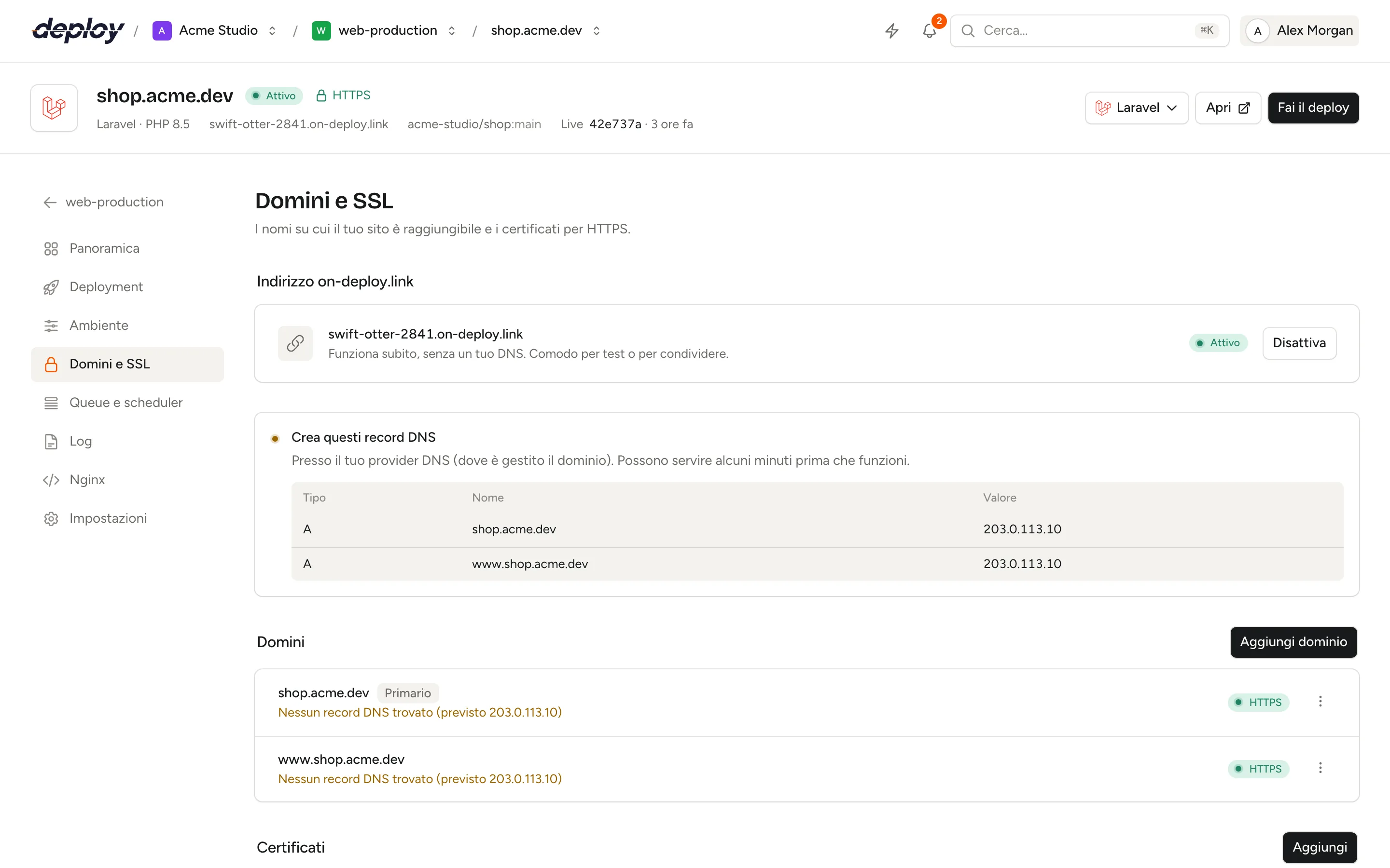 La pagina Domini e SSL con l'indirizzo generato, i domini del sito e i suoi certificati