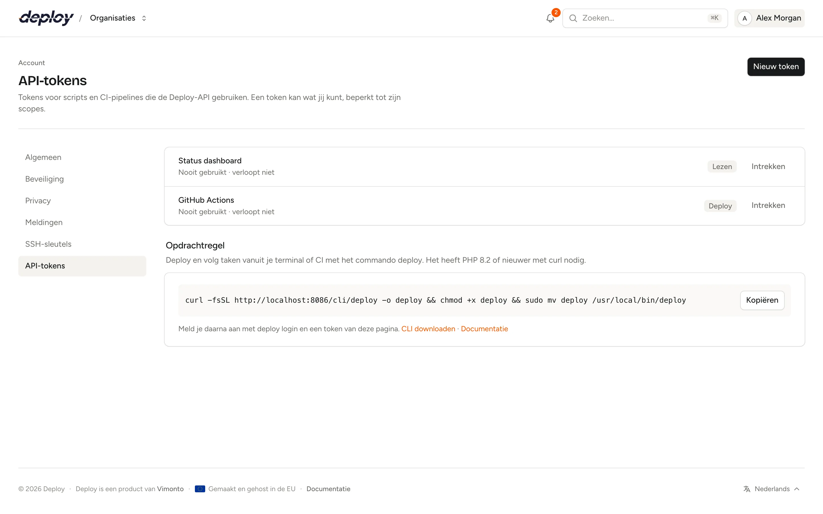De pagina API-tokens in de accountinstellingen