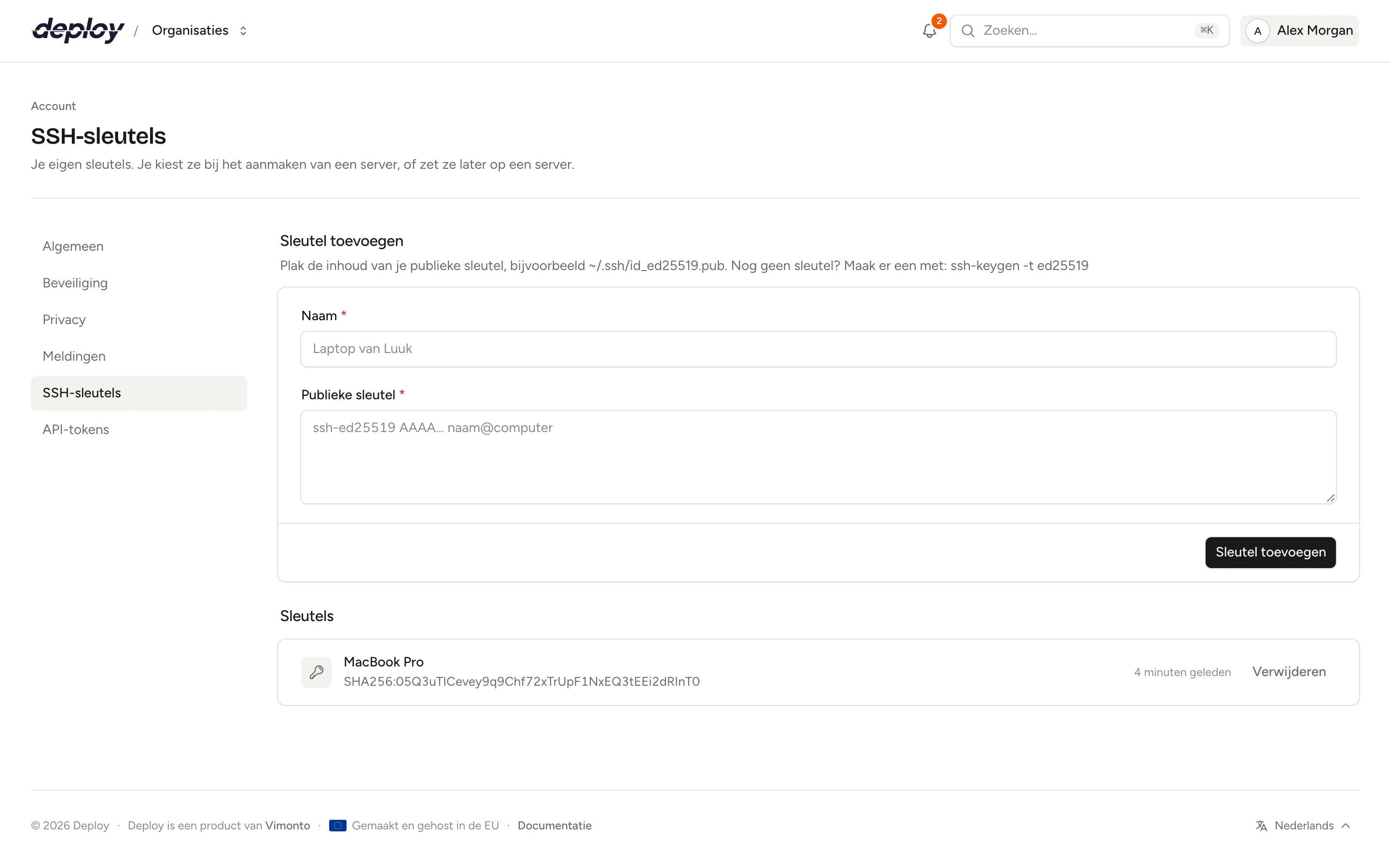 De pagina SSH-sleutels van je account met een formulier om een sleutel toe te voegen en een lijst met sleutels en hun fingerprints