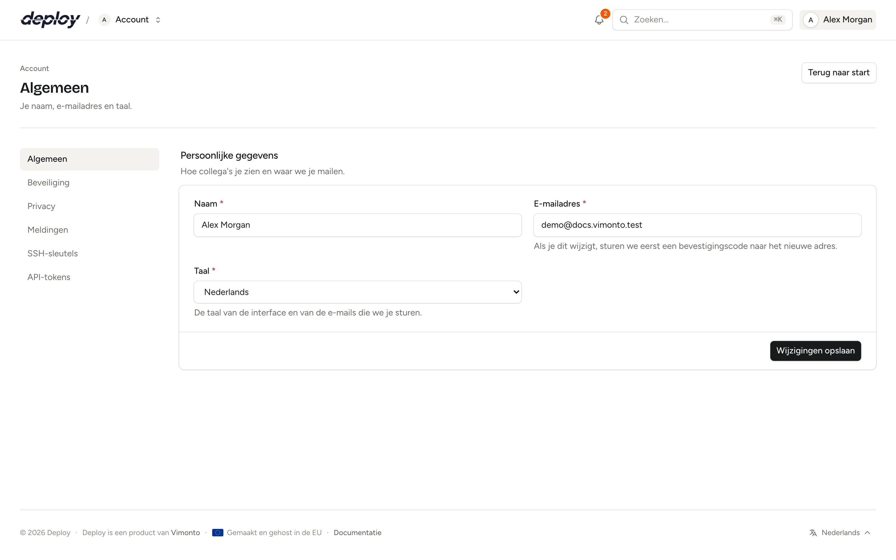 De accountinstellingen met persoonlijke gegevens, e-mailadres en taal