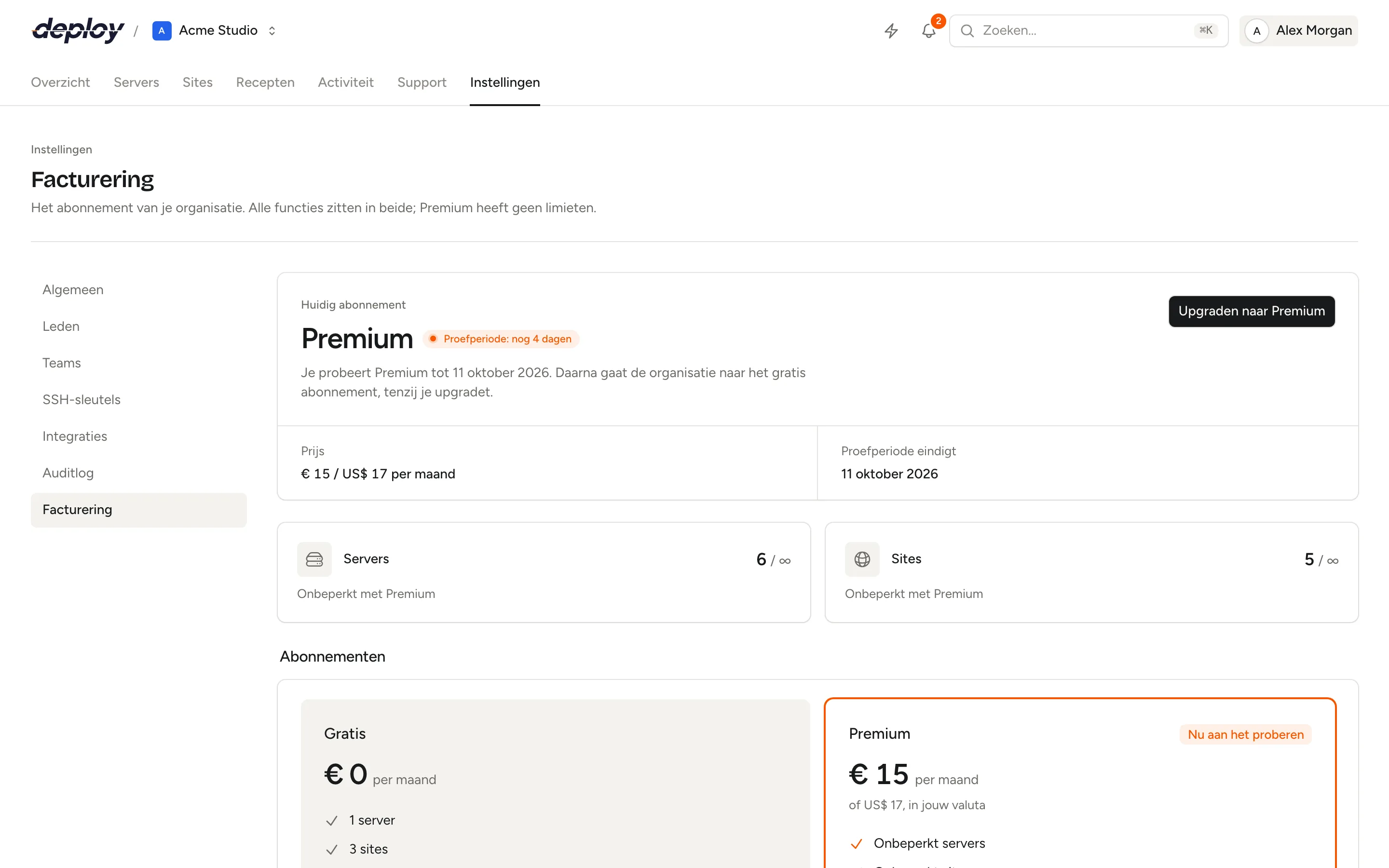 De factureringspagina met het huidige abonnement, het gebruik van servers en sites, en de twee abonnementen