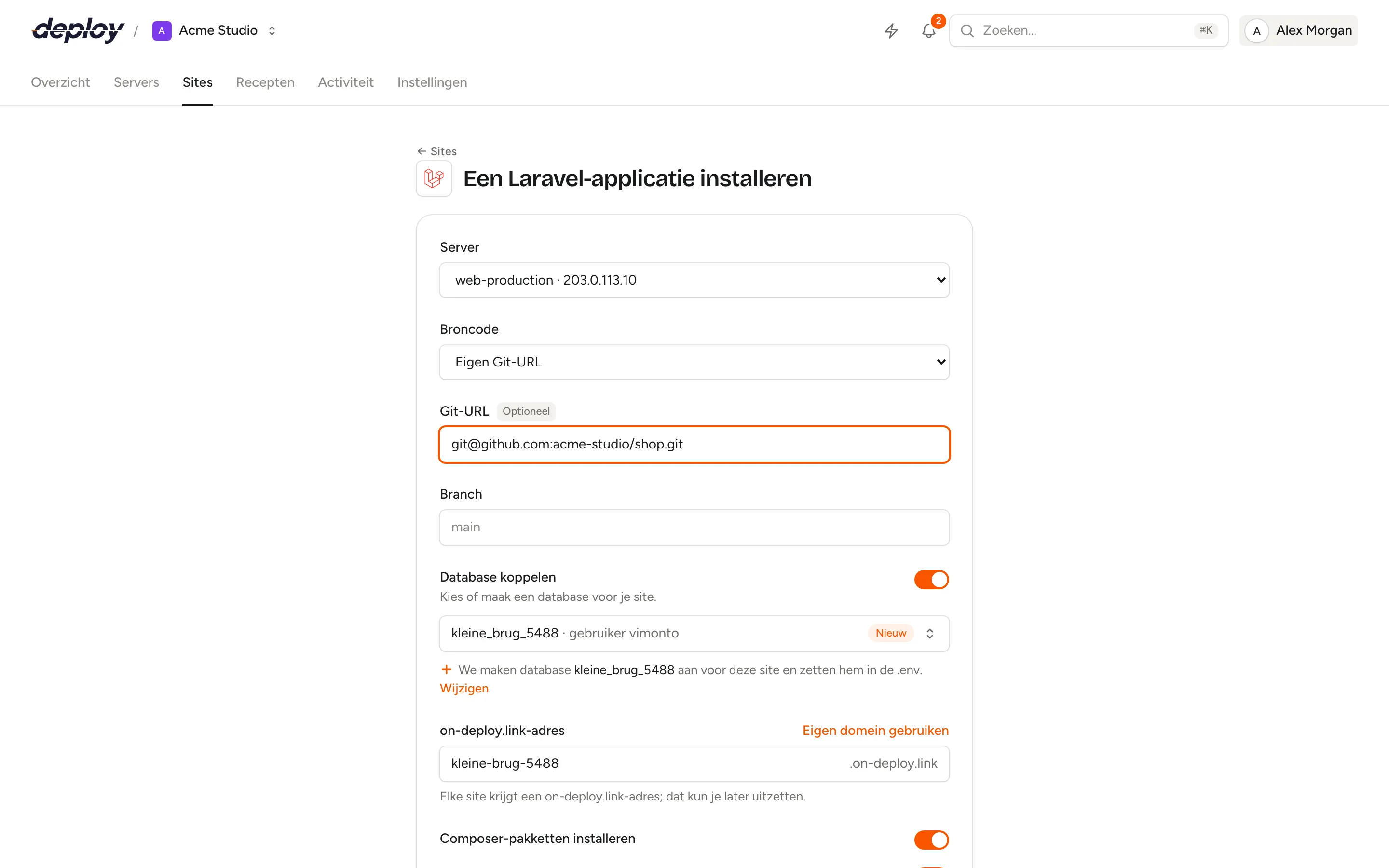 Het formulier voor een nieuwe site met server, repository, database en gegenereerd adres ingevuld