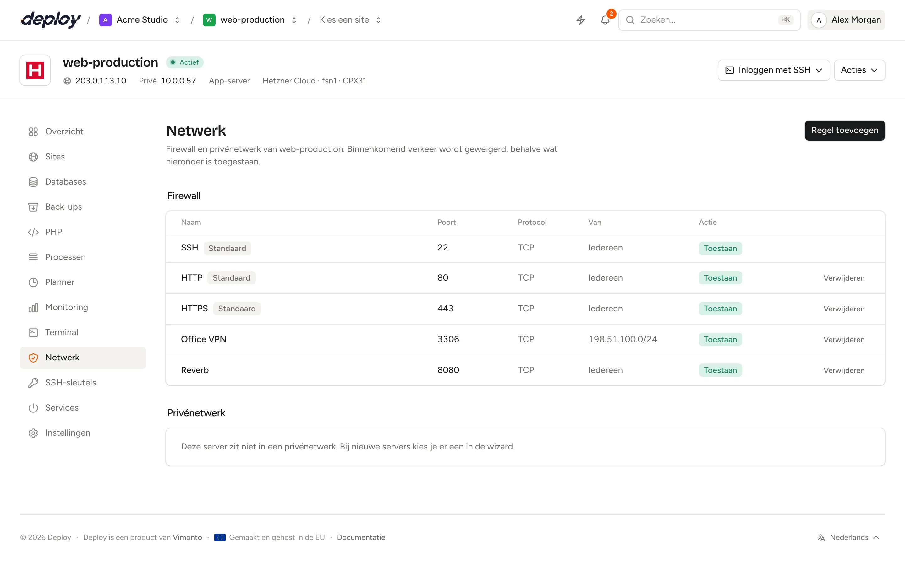 De pagina Netwerk met de standaardregels voor SSH, HTTP en HTTPS en een MySQL-regel voor het privénetwerk