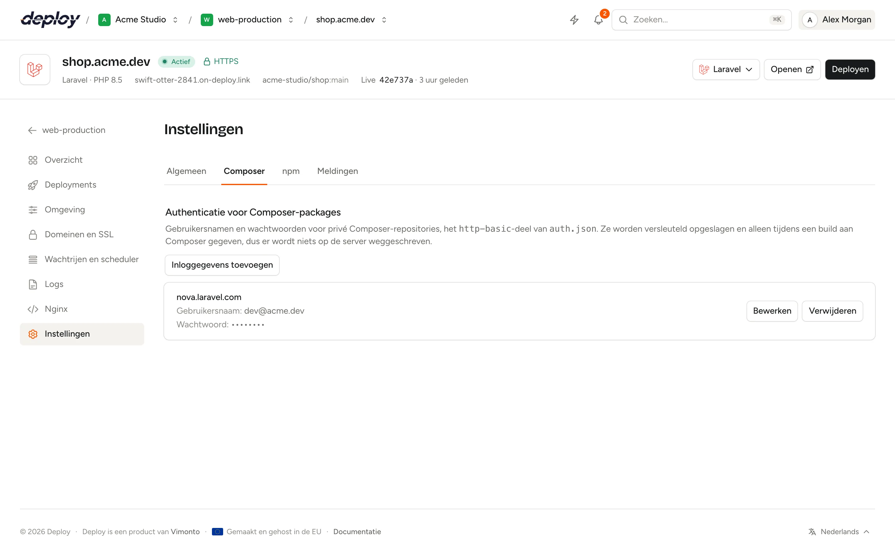 Het tabblad Composer van de instellingen van een site met opgeslagen inloggegevens voor repo.packagist.com