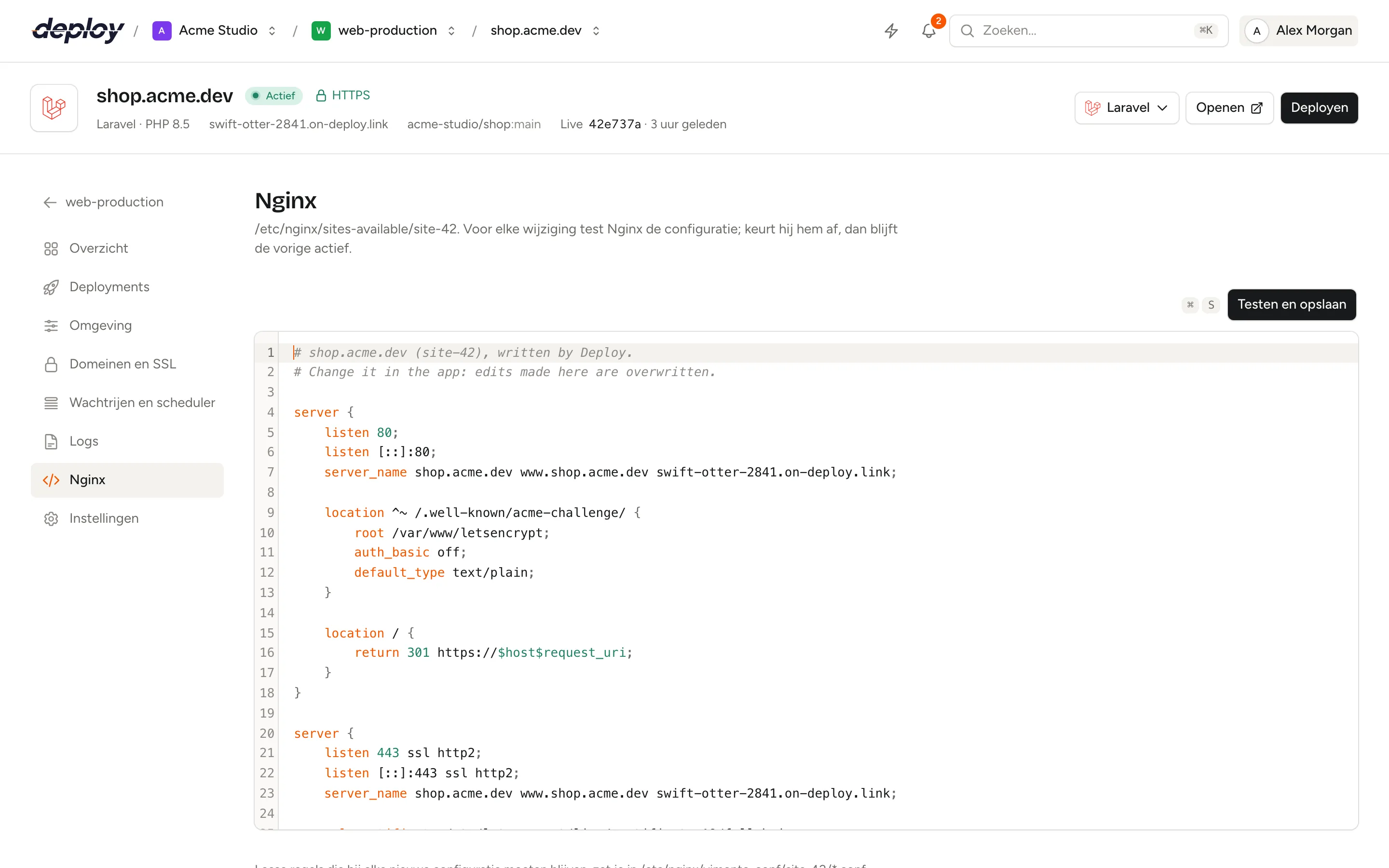 De Nginx-pagina van een site met de gegenereerde server blocks in een code-editor en de knop Testen en opslaan