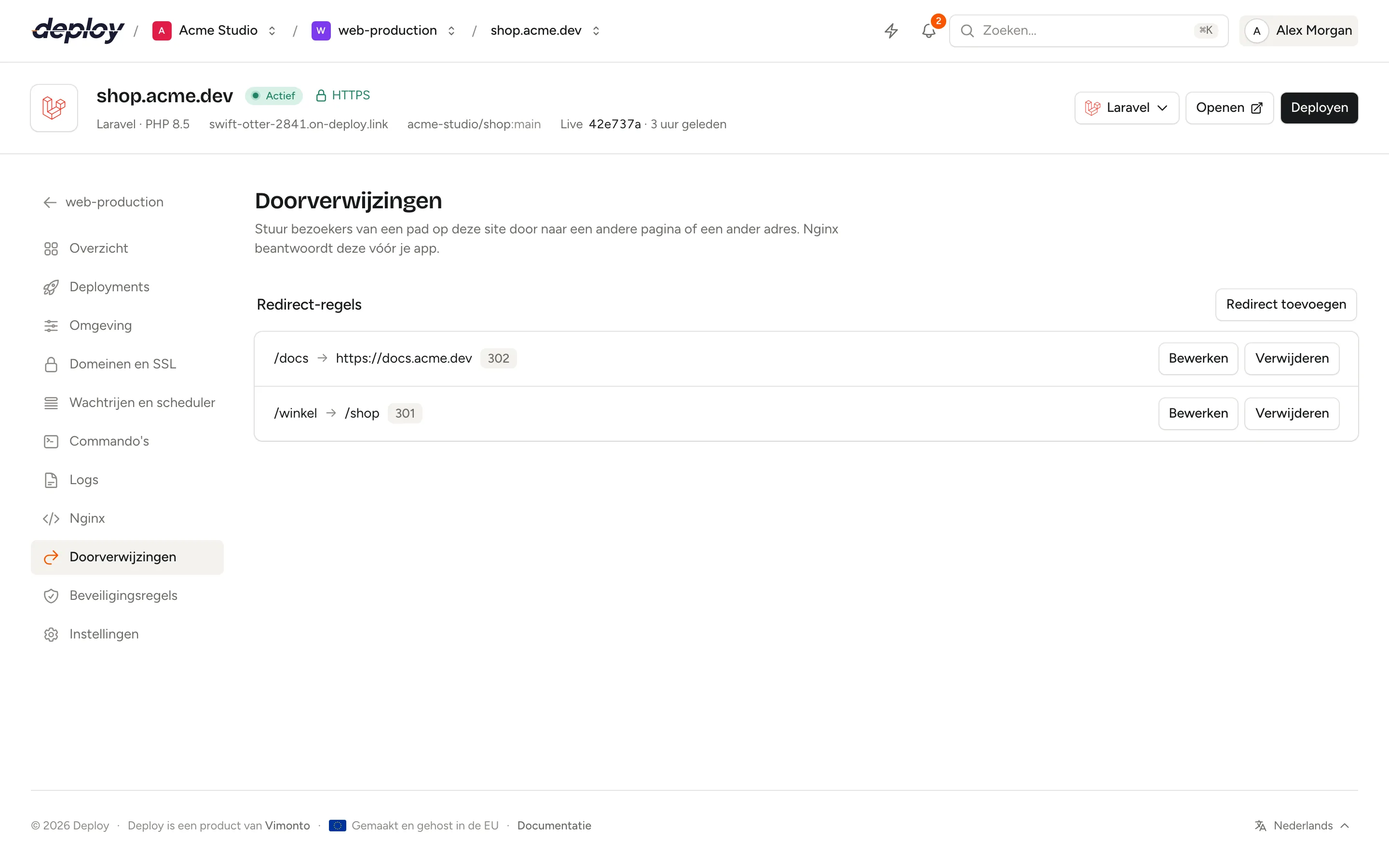 De pagina Doorverwijzingen van een site met redirect-regels van oude paden naar nieuwe pagina's en hun type