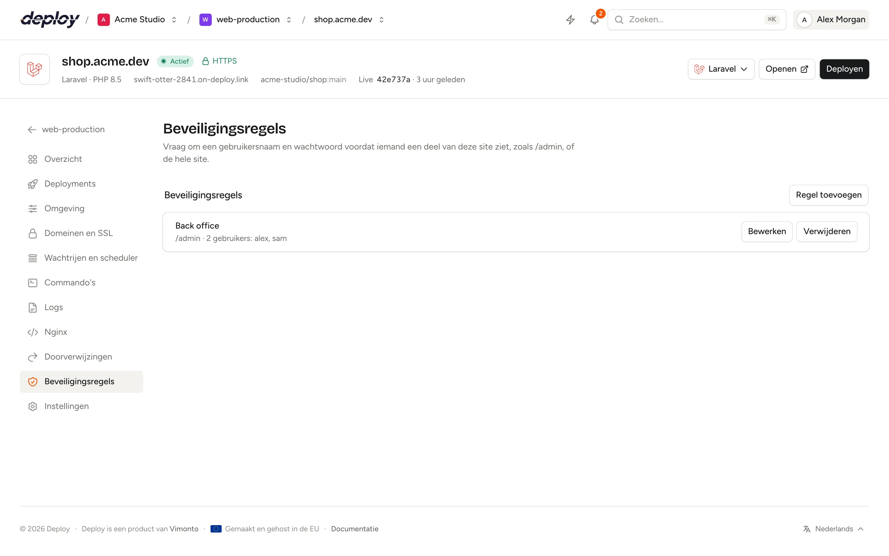 De pagina Beveiligingsregels van een site met een regel voor /admin en de gebruikers ervan