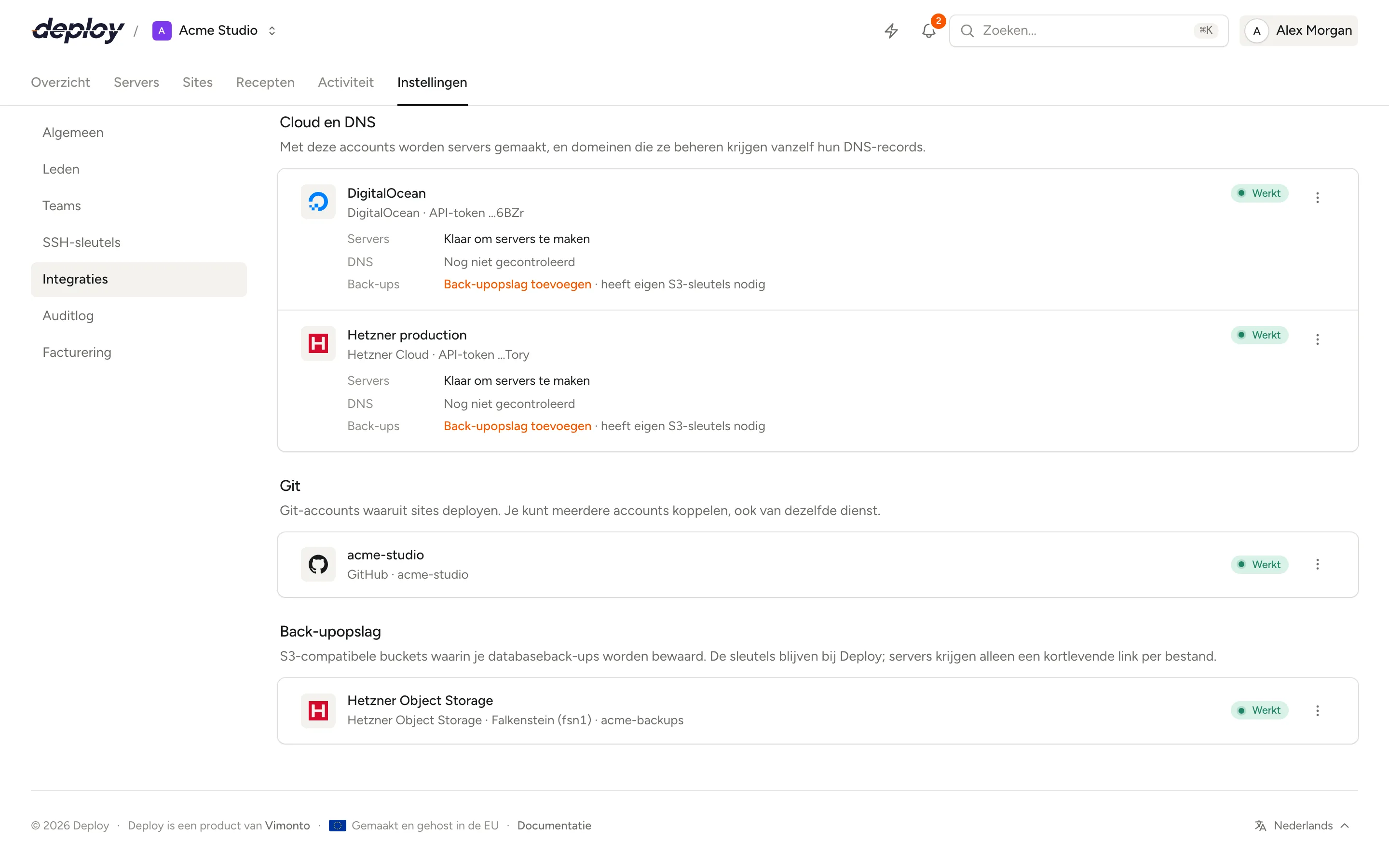 Het deel Back-upopslag van de integraties van een organisatie